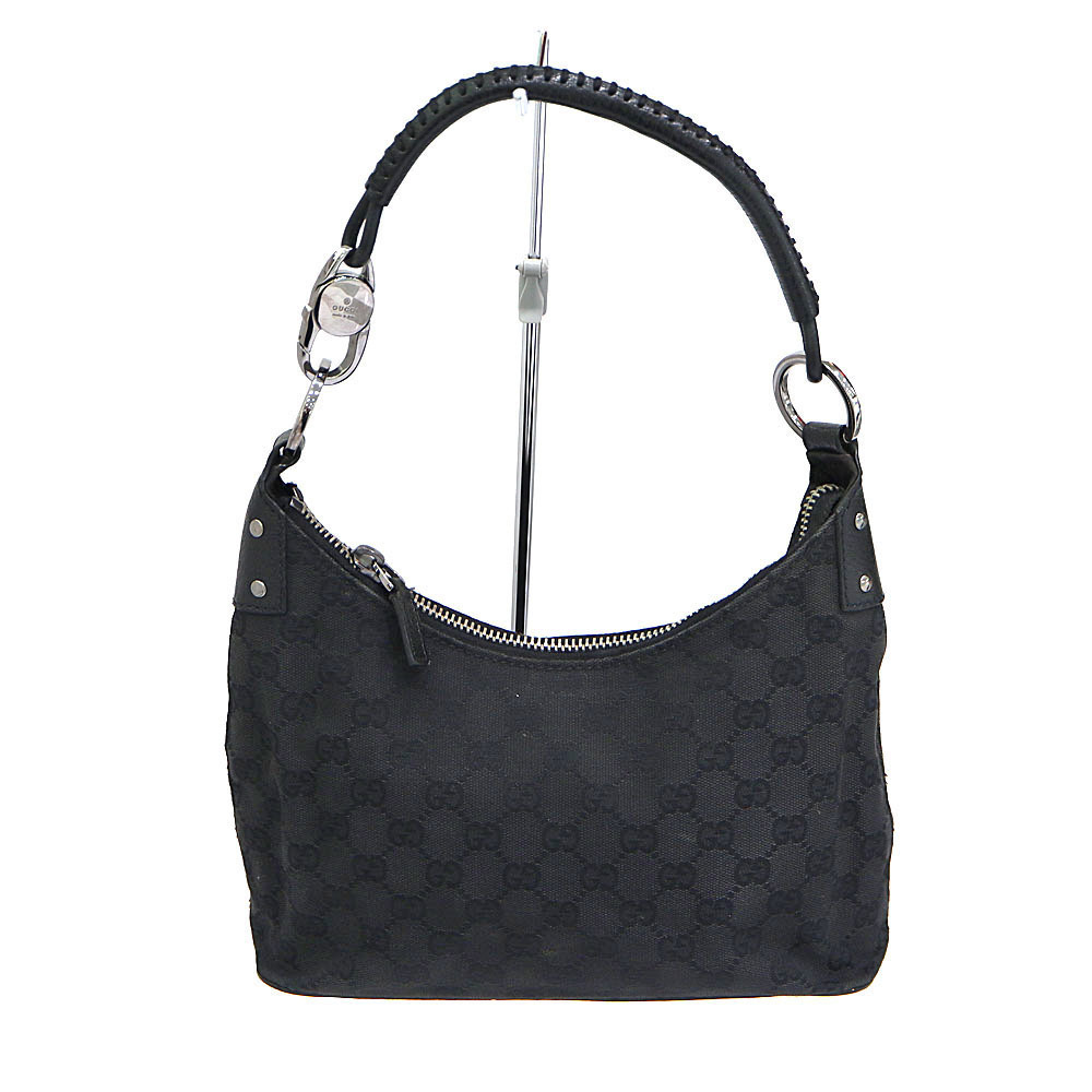 Gucci One Shoulder Hobo Bag Canvas Leather Black GG